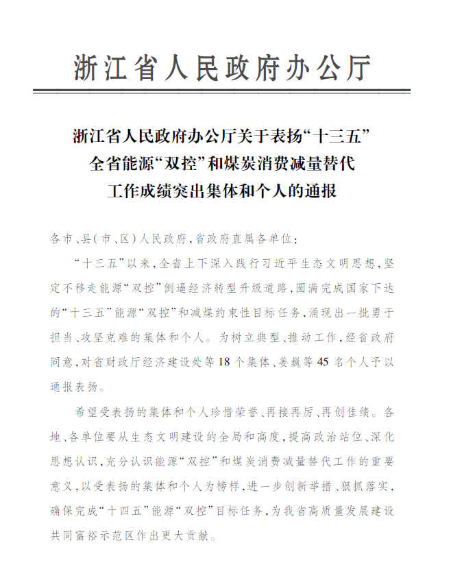 EV扑克永嘉公司付金轩获“浙江省能源‘双控’事情效果突出个人”表扬